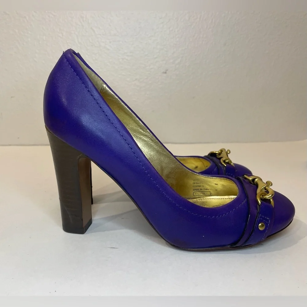 Coach Desaree Purple Bock Heel Pumps Gold Hook‎ Buckle Accent Heels Size 6 B